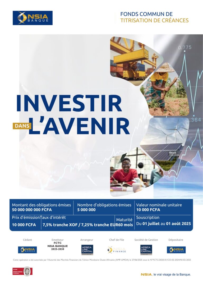 NSIA Finance est Chef de File de l’emprunt obligataire privé structuré intitulé “FCTC NSIA Banque 7,50% 2025-2030”